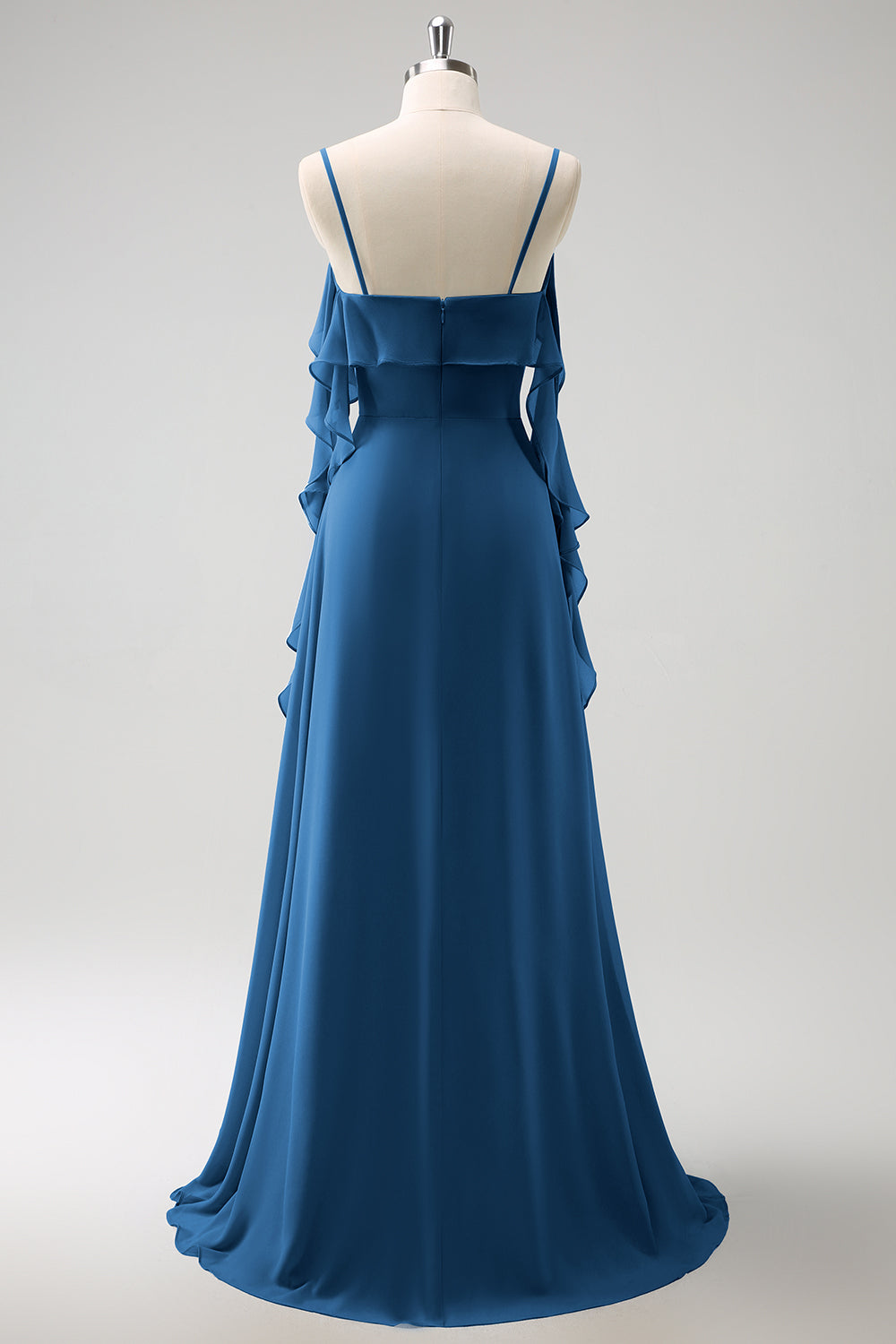Gris Azul Un Vestido de Dama de Honor Largo de Gasa con Tirantes de Espagueti Azul A con Abertura