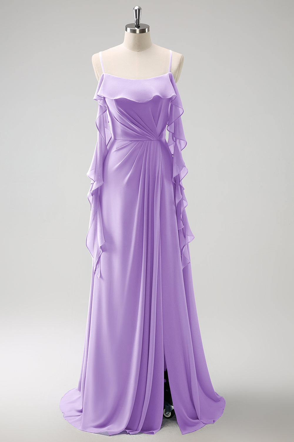 Gris Azul Un Vestido de Dama de Honor Largo de Gasa con Tirantes de Espagueti Azul A con Abertura