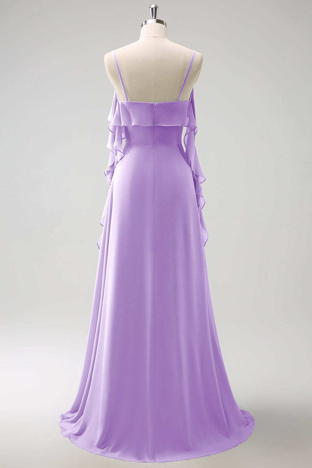 Gris Azul Un Vestido de Dama de Honor Largo de Gasa con Tirantes de Espagueti Azul A con Abertura