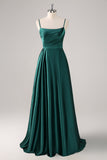 Vestido de dama de honor largo fruncido con tirantes de espagueti verde oscuro