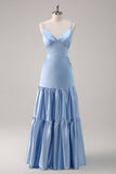 Vestido de dama de honor largo de satén con tirantes de espagueti azul cielo