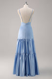 Vestido de dama de honor largo de satén con tirantes de espagueti azul cielo