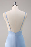 Vestido de dama de honor largo de satén con tirantes de espagueti azul cielo
