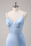 Vestido de dama de honor largo de satén con tirantes de espagueti azul cielo