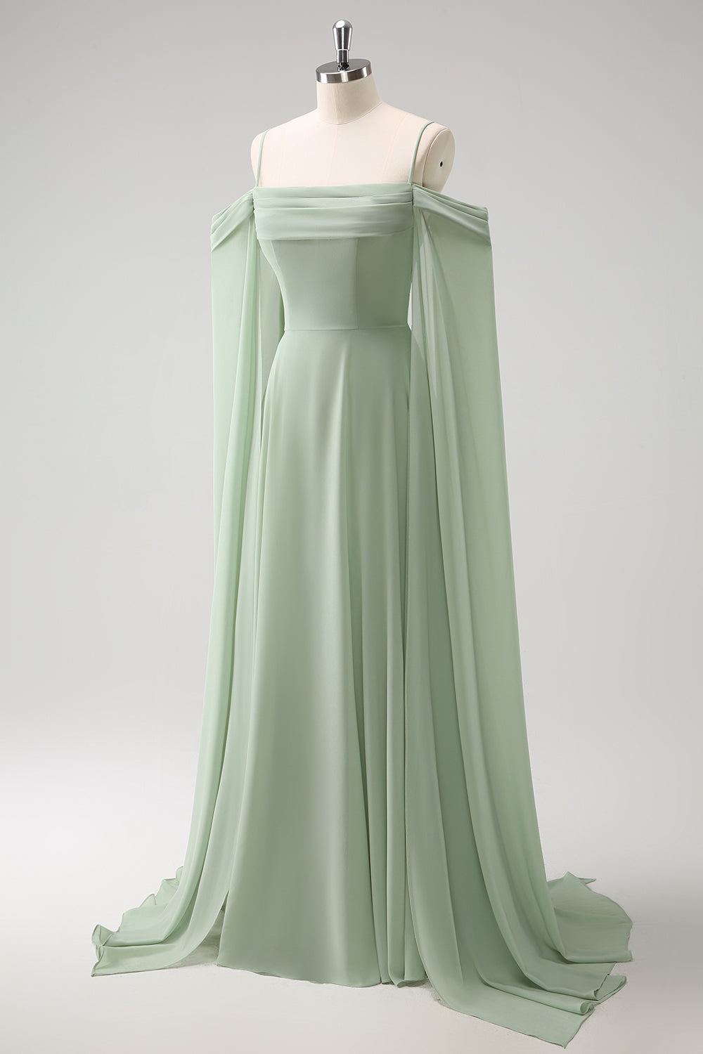 Vestido de dama de honor largo de gasa de gasa de color verde claro con hombros fríos