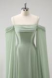 Vestido de dama de honor largo de gasa de gasa de color verde claro con hombros fríos