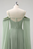 Vestido de dama de honor largo de gasa de gasa de color verde claro con hombros fríos