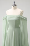 Vestido de dama de honor largo de gasa de gasa de color verde claro con hombros fríos