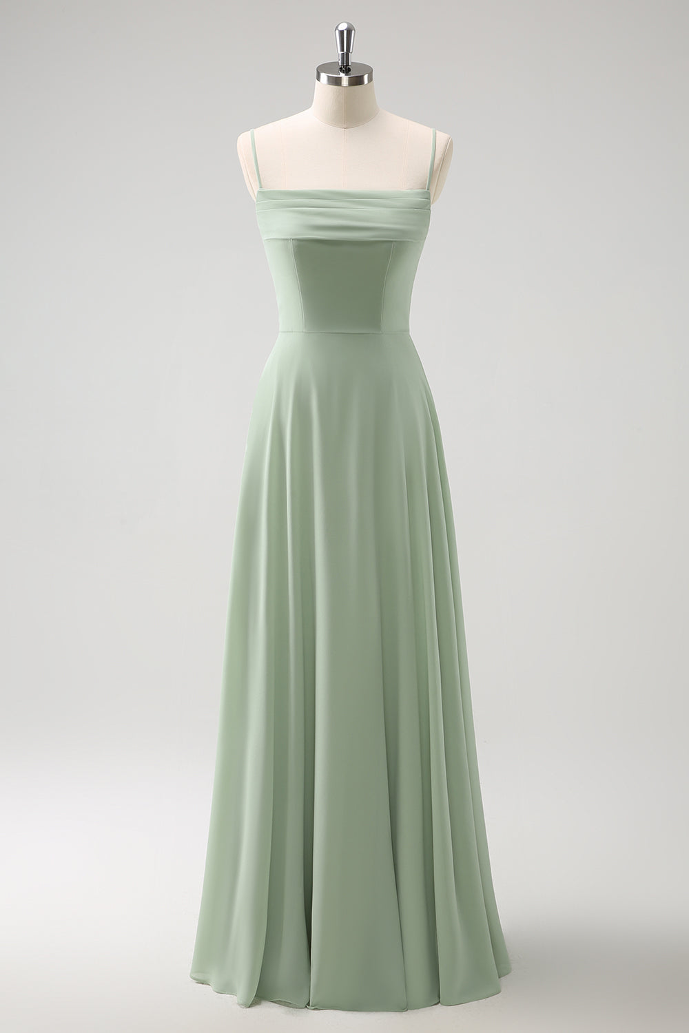 Vestido de dama de honor largo de gasa de gasa de color verde claro con hombros fríos