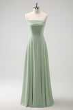 Vestido de dama de honor largo de gasa de gasa de color verde claro con hombros fríos