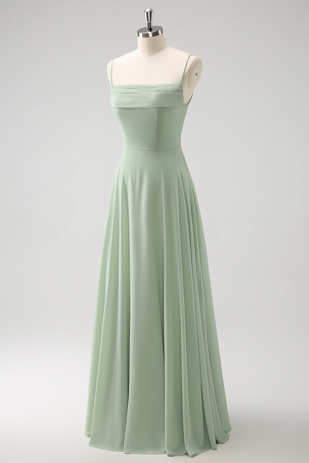 Vestido de dama de honor largo de gasa de gasa de color verde claro con hombros fríos