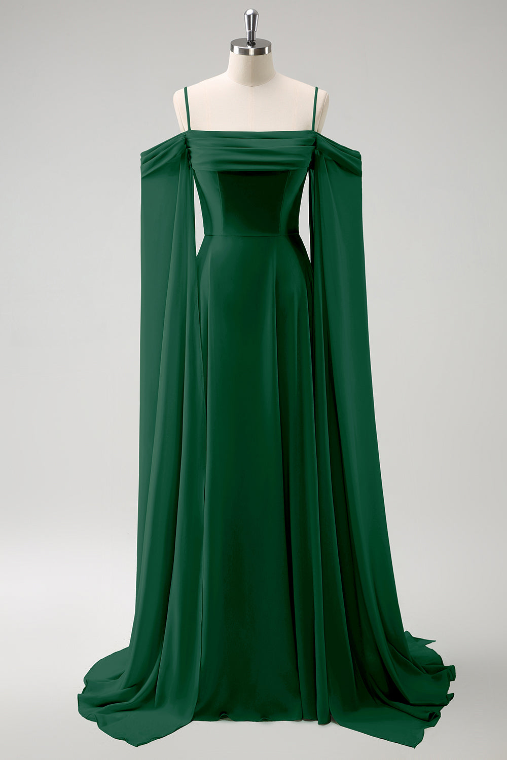Vestido de dama de honor largo de gasa de gasa de color verde claro con hombros fríos