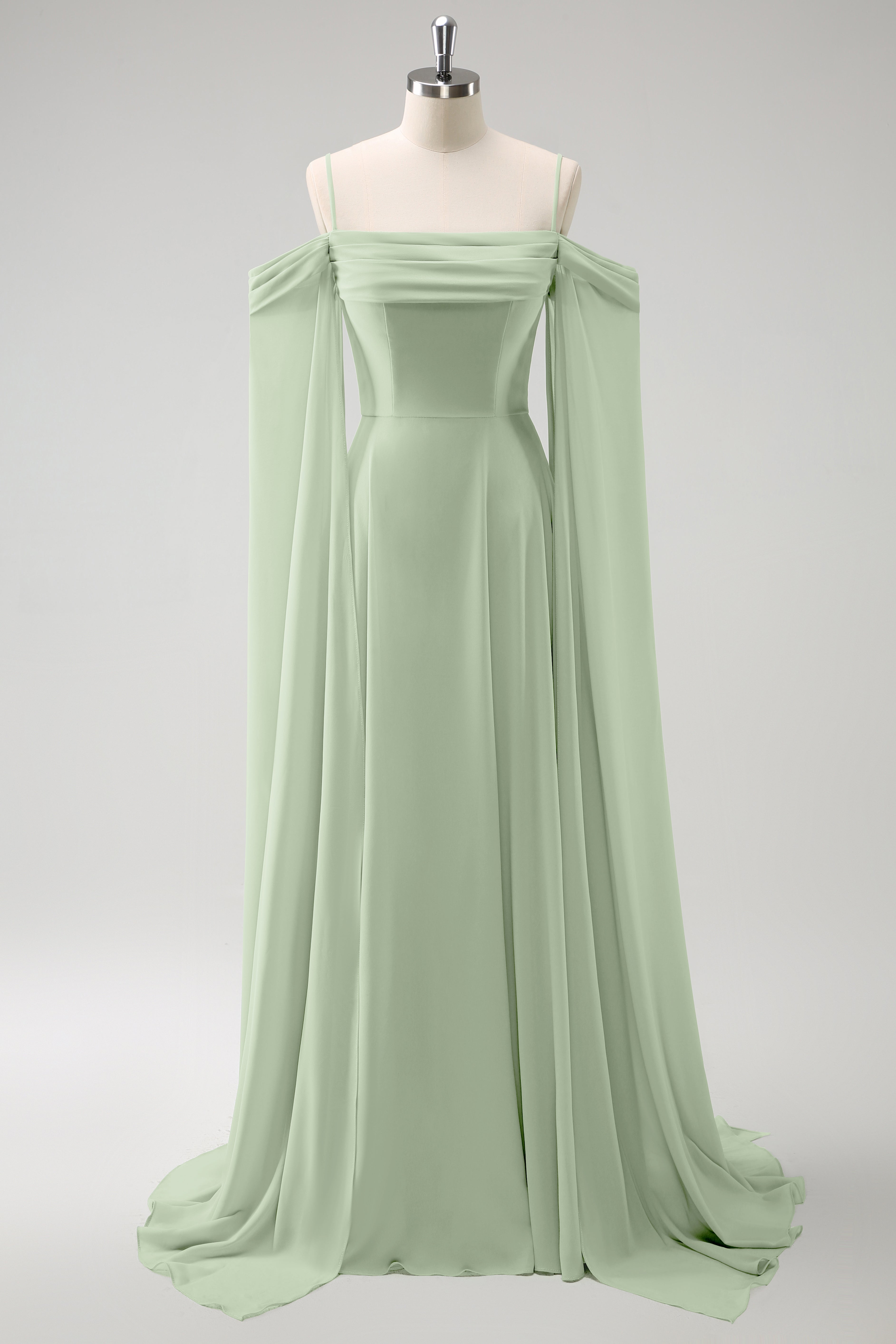Vestido de dama de honor largo de gasa de gasa de color verde claro con hombros fríos
