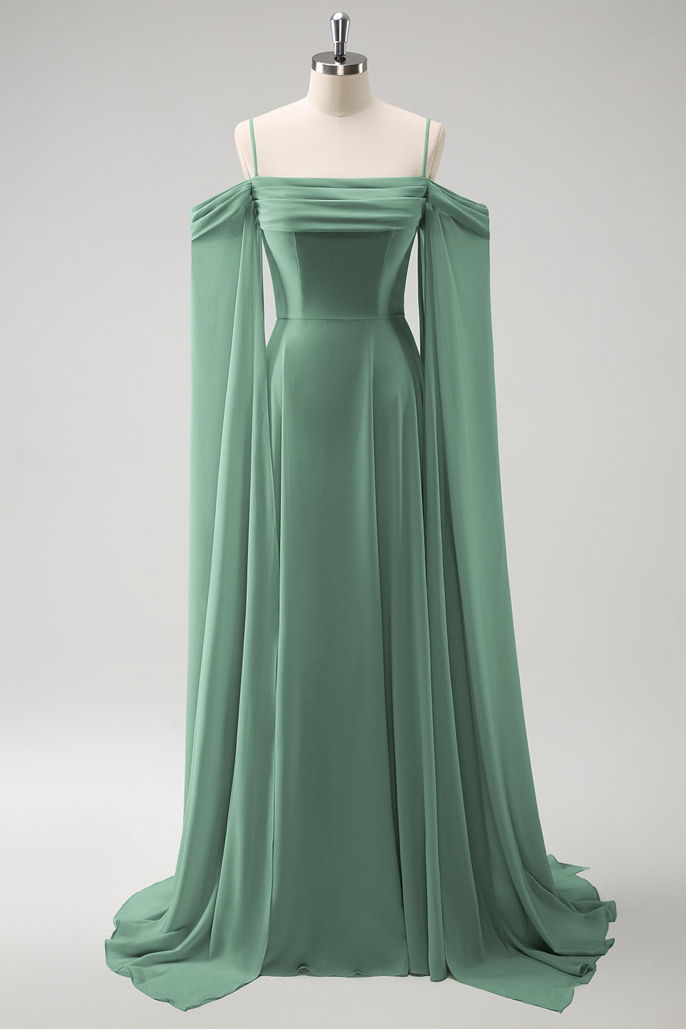 Vestido de dama de honor largo de gasa de gasa de color verde claro con hombros fríos