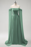 Vestido de dama de honor largo de gasa de gasa de color verde claro con hombros fríos