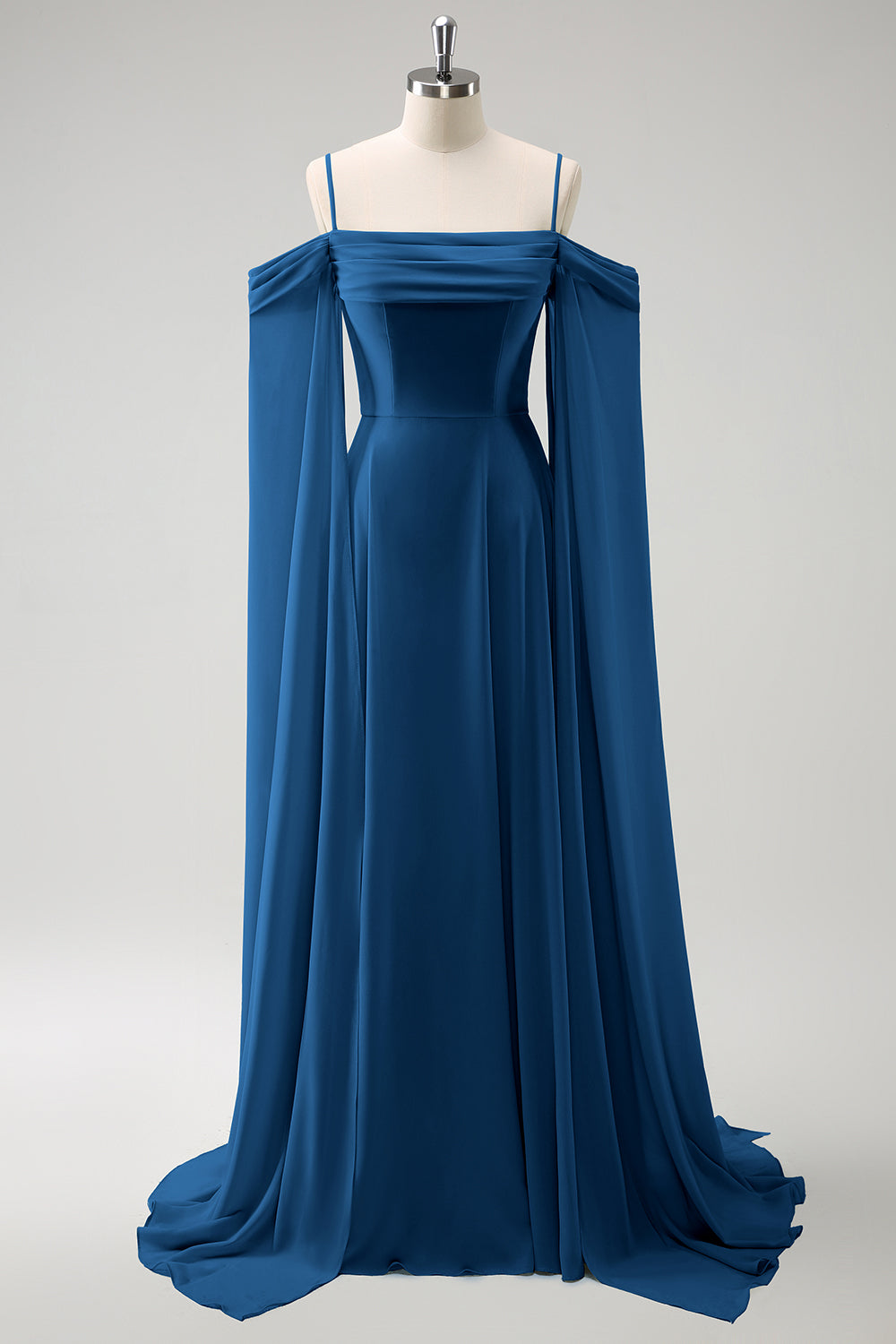 Vestido de dama de honor largo de gasa de gasa de color verde claro con hombros fríos