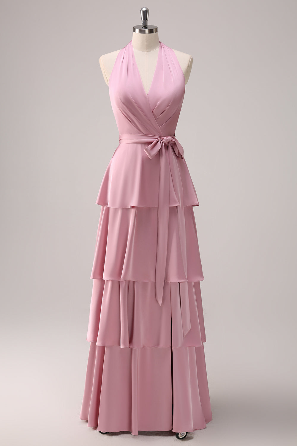 Vestido de dama de honor de línea A con cabestro rosa y faja