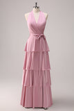 Vestido de dama de honor de línea A con cabestro rosa y faja