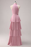 Vestido de dama de honor de línea A con cabestro rosa y faja