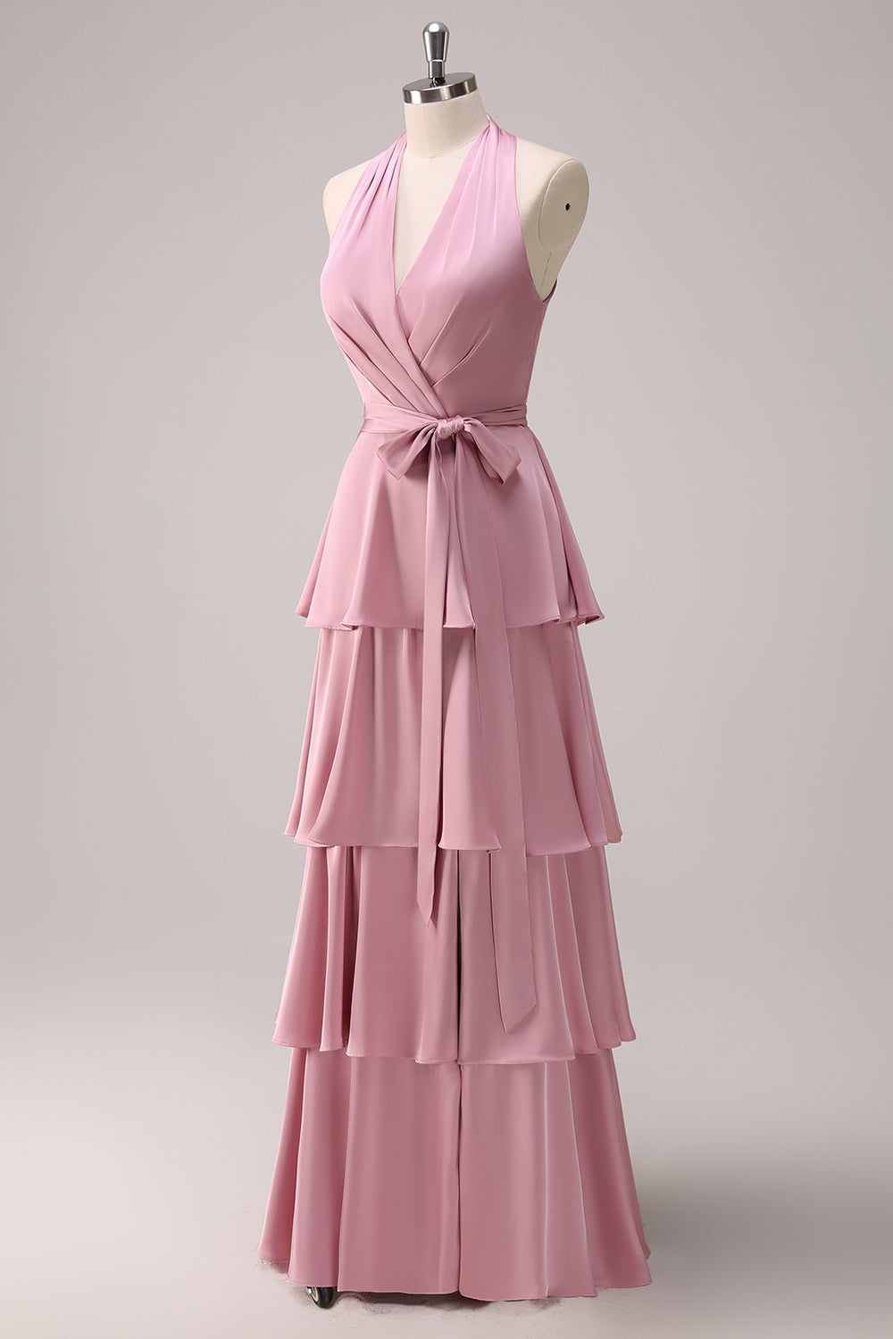 Vestido de dama de honor de línea A con cabestro rosa y faja