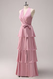 Vestido de dama de honor de línea A con cabestro rosa y faja