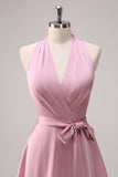 Vestido de dama de honor de línea A con cabestro rosa y faja