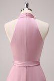 Vestido de dama de honor de línea A con cabestro rosa y faja