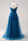 Tirantes finos azul oscuro Vestido largo de dama de honor de tul de línea A
