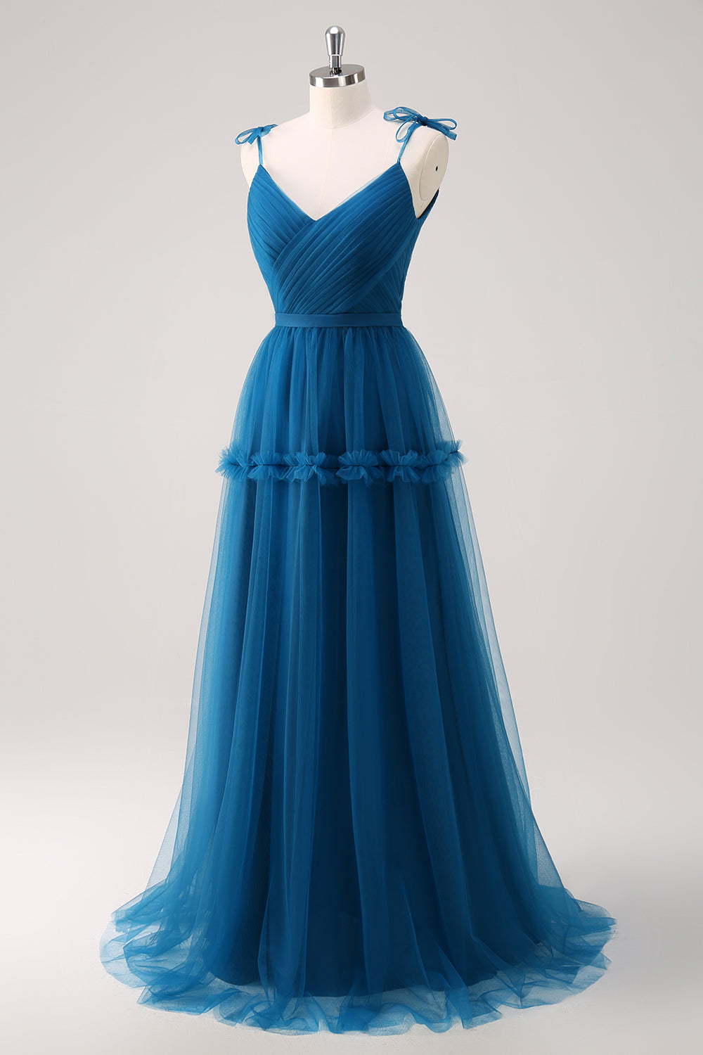 Tirantes finos azul oscuro Vestido largo de dama de honor de tul de línea A
