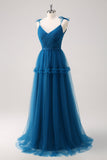 Tirantes finos azul oscuro Vestido largo de dama de honor de tul de línea A