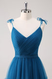 Tirantes finos azul oscuro Vestido largo de dama de honor de tul de línea A