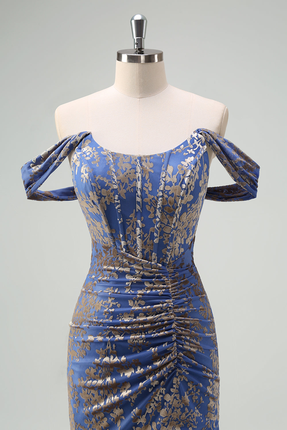 Corsé Gris Azul Sirena Off The Shoulder Vestido largo de dama de honor fruncido