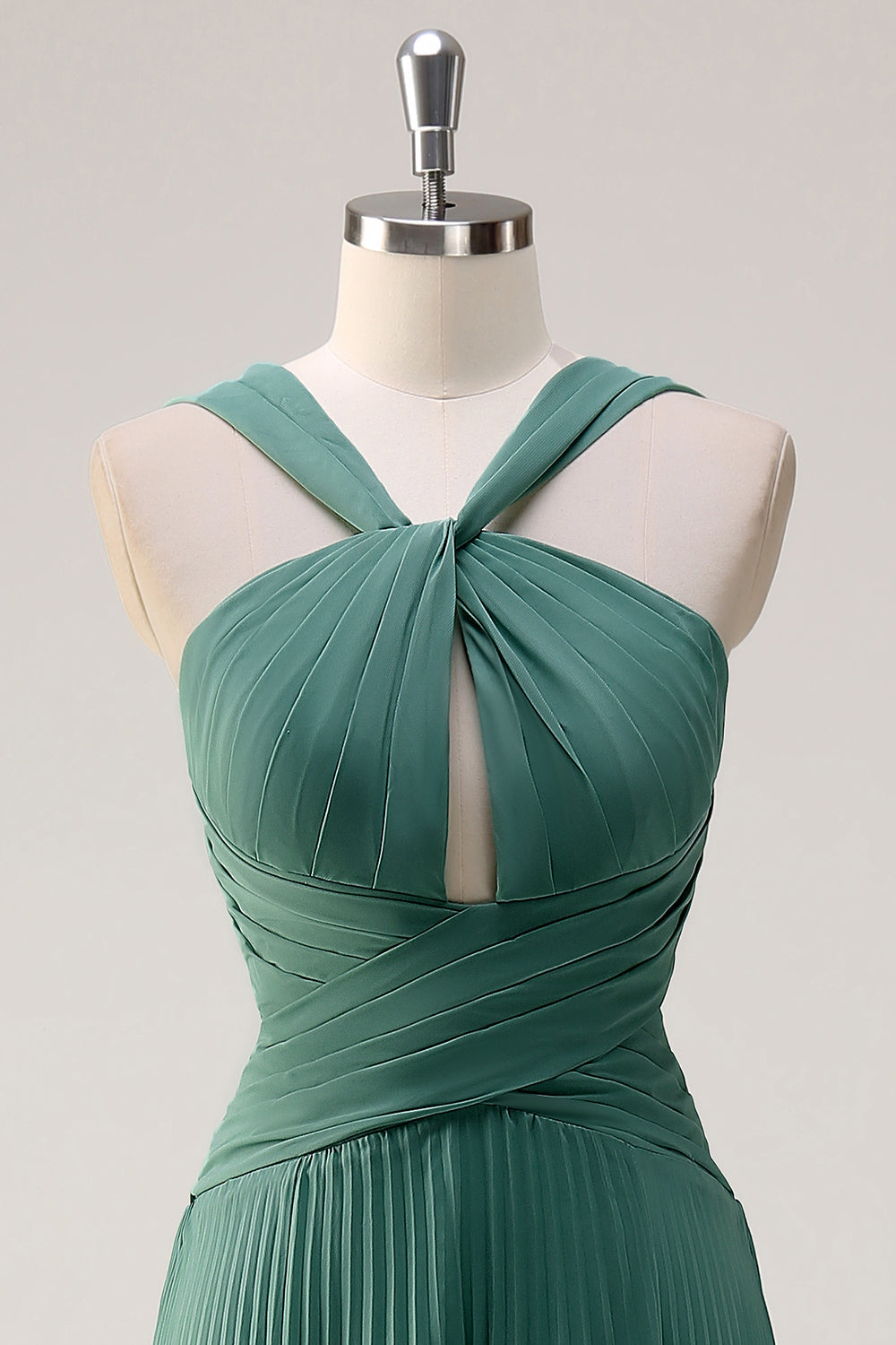Eucalipto Una Línea Cuello Halter Vestido de Dama de Honor Largo Plisado De Gasa