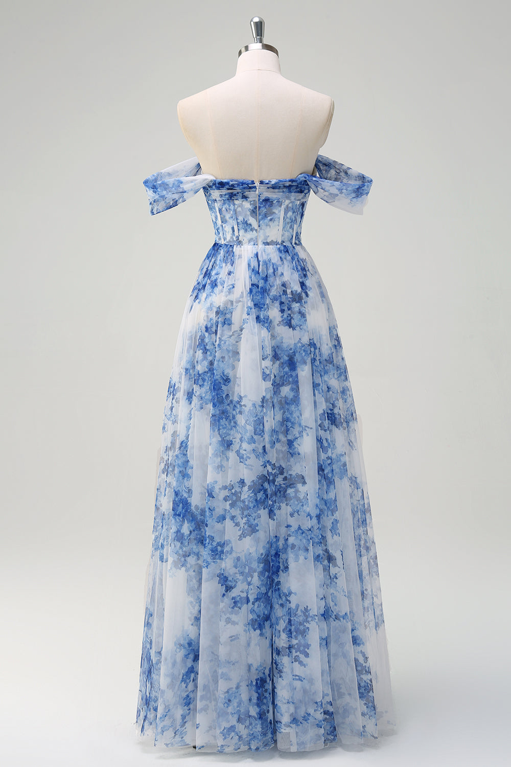 Vestido de dama de honor de línea A con flor azul blanca con hombro apagado con abertura