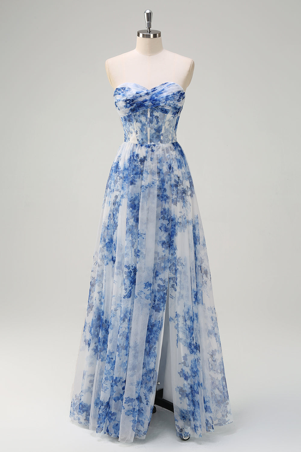 Vestido de dama de honor de línea A con flor azul blanca con hombro apagado con abertura