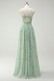 Dusty Sage A Line Spaghetti Tirantes Vestido Largo De Dama De Honor Con Abertura