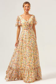 Vestido de fiesta largo de manga corta con escote en V estampado de flores amarillas