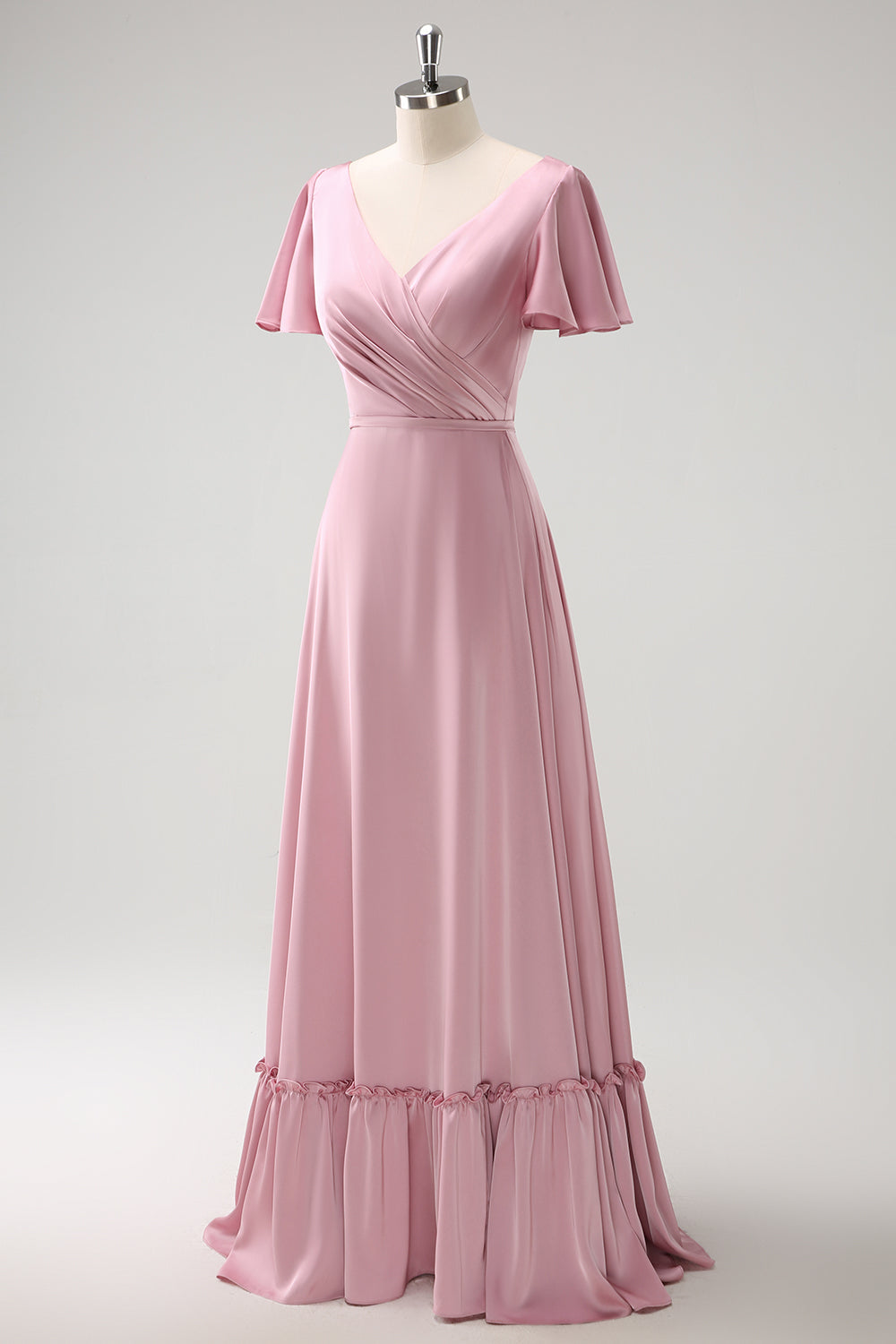Vestido de dama de honor largo de satén cruzado con volantes cruzados de línea A rosa