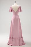 Vestido de dama de honor largo de satén cruzado con volantes cruzados de línea A rosa