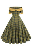 Vestido vintage de la década de 1950 con rejilla verde con hombros descubiertos