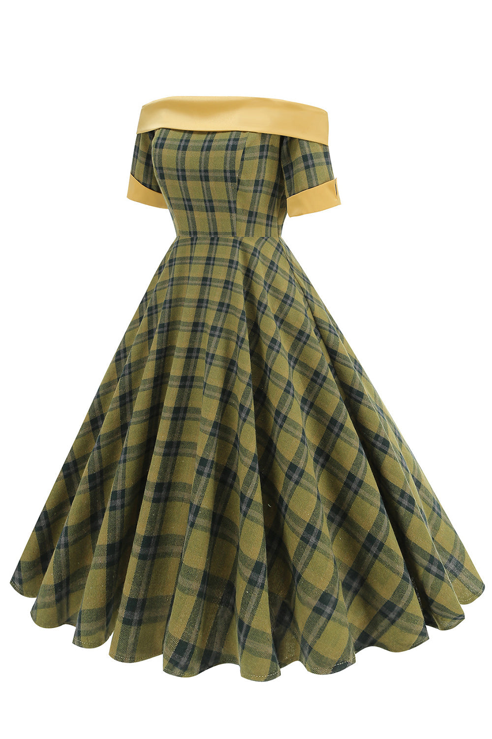Vestido vintage de la década de 1950 con rejilla verde con hombros descubiertos