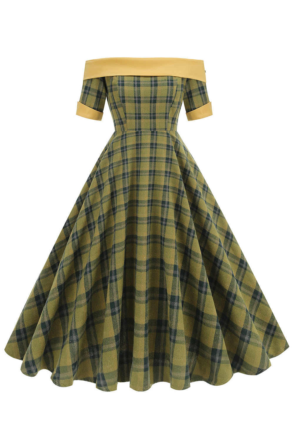 Vestido vintage de la década de 1950 con rejilla verde con hombros descubiertos