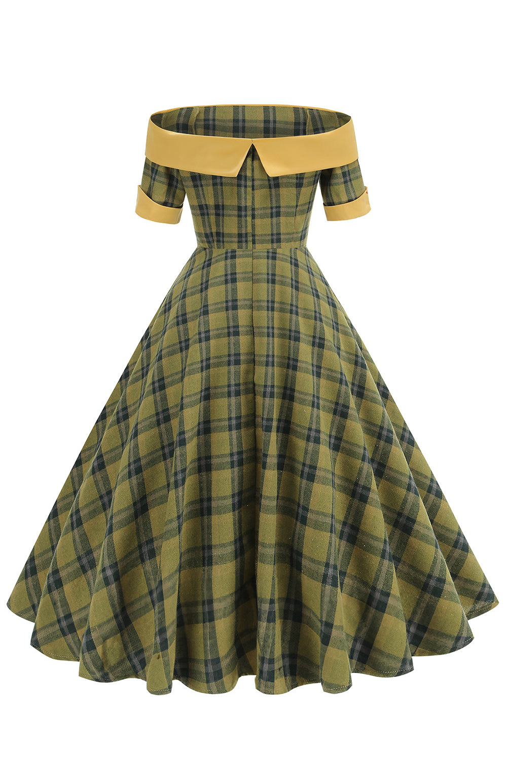Vestido vintage de la década de 1950 con rejilla verde con hombros descubiertos