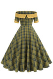 Vestido vintage de la década de 1950 con rejilla verde con hombros descubiertos