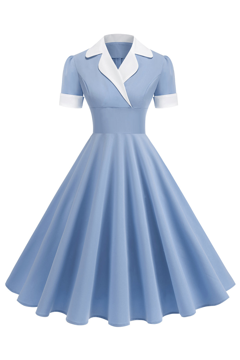 Vestido azul A Line con escote en V de la década de 1950 y mangas cortas