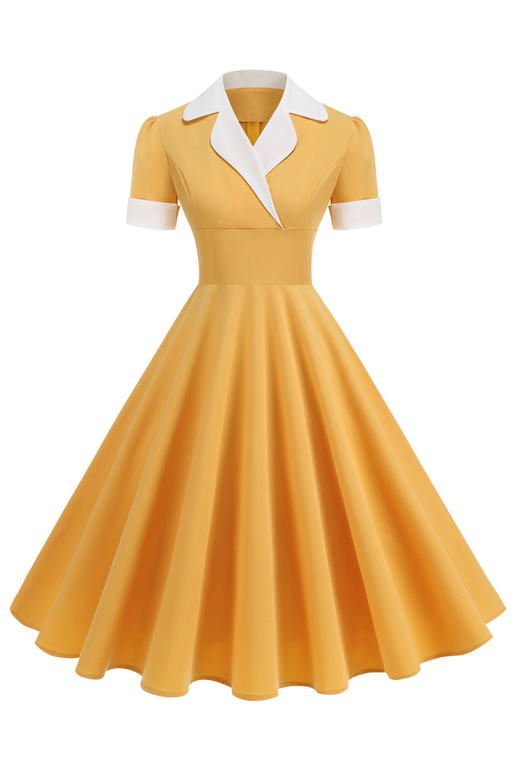 Vestido azul A Line con escote en V de la década de 1950 y mangas cortas