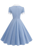 Vestido azul A Line con escote en V de la década de 1950 y mangas cortas