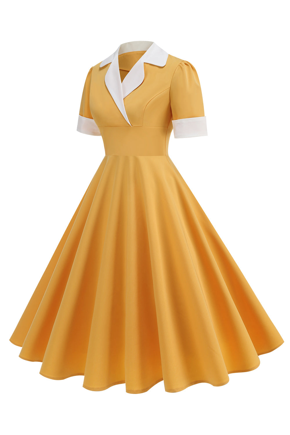 Vestido azul A Line con escote en V de la década de 1950 y mangas cortas