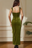 Vestido de fiesta largo con corsé de terciopelo sirena verde con abertura de encaje
