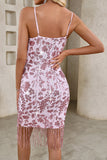 Vestido de fiesta corto con tirantes de tirantes de lentejuelas ajustado rosa brillante con borlas